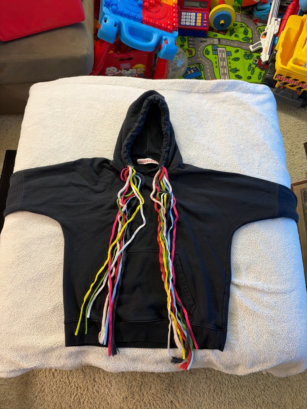 Brainwashed Reconstructed Hoodie — Black
 with Multicolor Braided Drawstrings